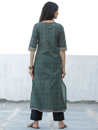 Bottle Green Yellow Hand Block Printed Cotton Kurta - K193F1886