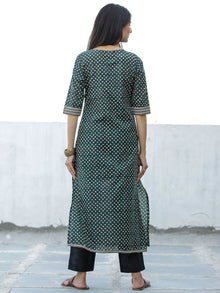 Bottle Green Yellow Hand Block Printed Cotton Kurta - K193F1886