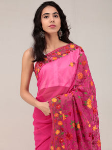 Pink Aari Embroidered Georgette Saree From Kashmir - S031704652