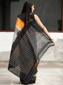 Black Grey Orange Ikat Handwoven Cotton Saree - S031704053