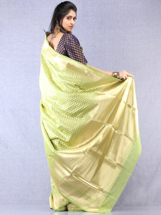 Banarasee Chanderi Silk Paisley Saree With Zari Border - Light Green & Gold  - S031704337