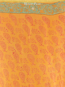 Mustard Red Green Hand Block Printed Chiffon Saree with Zari Border - S031704610
