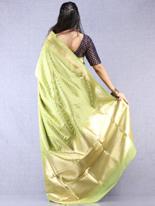 Banarasee Chanderi Silk Paisley Saree With Zari Border - Light Green & Gold  - S031704337
