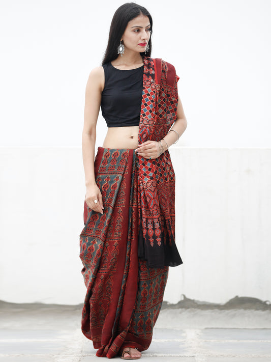 Red Black Blue Beige Ajrakh Hand Block Printed Modal Silk Saree in Natural Colors - S031703724