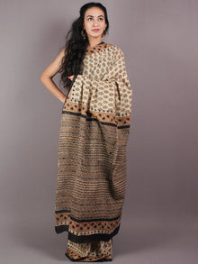 Beige Brown Black Cotton Hand Block Bagru Printed Saree - S03170265