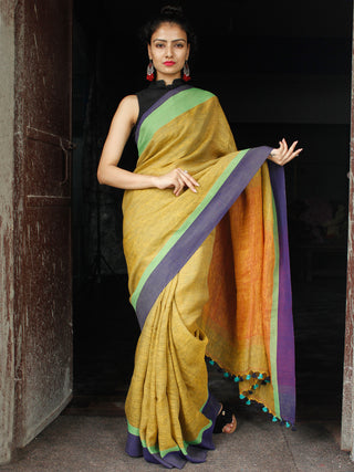 Mustard Green Purple Linen Handloom Saree With Ganga Jamuna Border & Tassels - S031704025