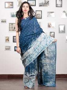 Indigo White Hand Block Printed Cotton Mul Saree   - S031703045