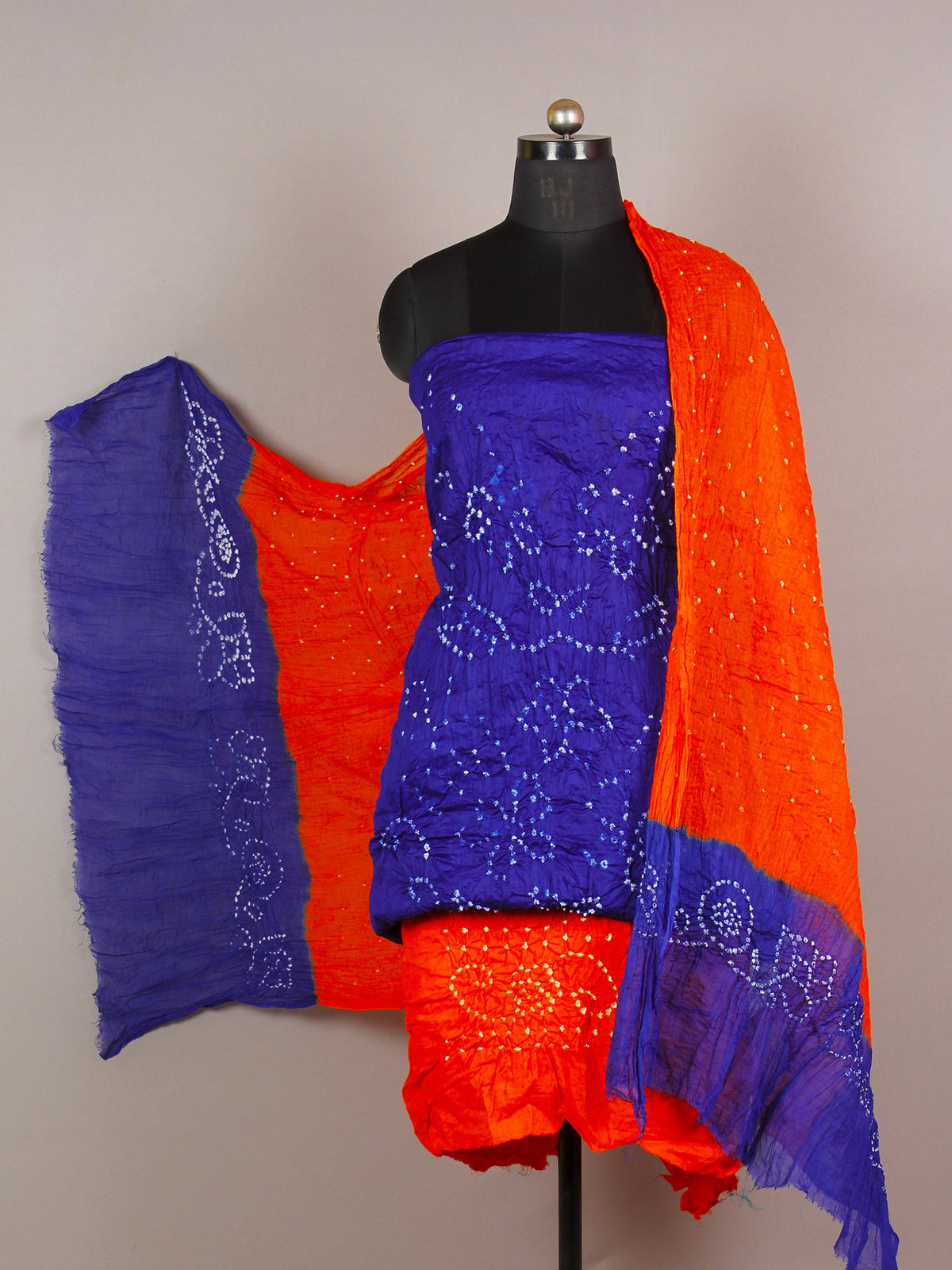 Blue Red White Hand Tie & Dye Bandhej Suit Salwar Dupatta (Set of 3)  - S16281269