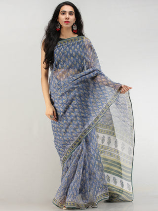Indigo Olive Green Hand Block Printed Kota Doria Saree - S031704581