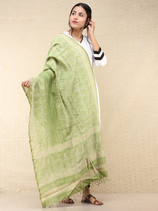 Light Green White Chanderi Hand Block Printed Dupatta - D04170716