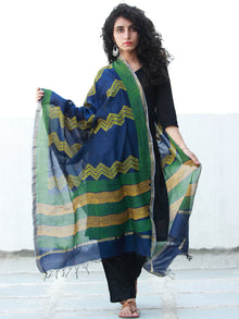 Royal Blue Yellow Green Chanderi Hand Block Printed Dupatta - D04170475