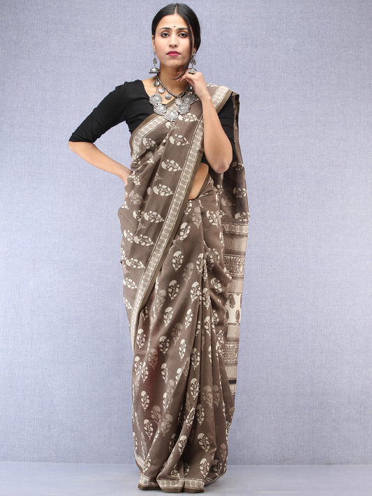 Kashish White Hand Block Printed Chanderi Saree With Zari Border - S031704531