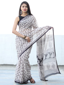 White Black Bagh Hand Block Printed Kota Doria Saree - S031703901