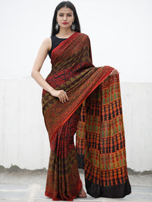 Red Black Green Ajrakh Hand Block Printed Modal Silk Saree in Natural Colors - S031703725