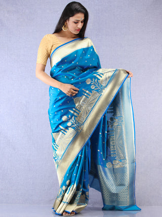 Banarasee Silk Saree With Taj Mahal Motiff & Zari Work - Turquoise Blue & Gold - S031704336