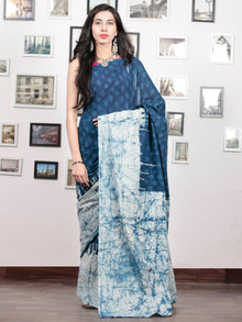Indigo White Hand Block Printed Cotton Mul Saree   - S031703045