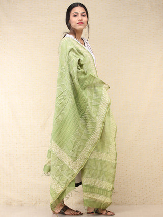 Light Green White Chanderi Hand Block Printed Dupatta - D04170716