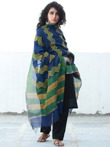 Royal Blue Yellow Green Chanderi Hand Block Printed Dupatta - D04170475