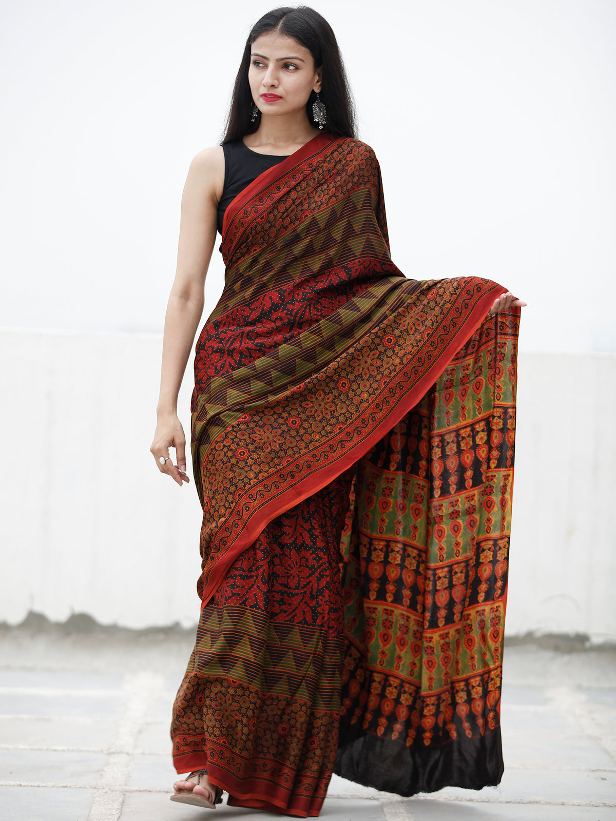 Red Black Green Ajrakh Hand Block Printed Modal Silk Saree in Natural Colors - S031703725