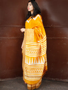 Golden Yellow White Chanderi Silk Hand Block Printed Saree With Temple Border - S031703621