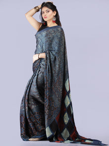 Indigo Maroon Black Ivory Ajrakh Hand Block Printed Modal Silk Saree - S031704264
