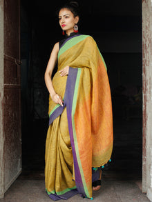 Mustard Green Purple Linen Handloom Saree With Ganga Jamuna Border & Tassels - S031704025