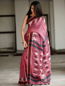 Deep Pink Brown Ivory Handwoven Linen Jamdani Saree With Tassels - S031703803