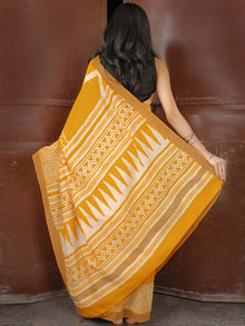 Golden Yellow White Chanderi Silk Hand Block Printed Saree With Temple Border - S031703621