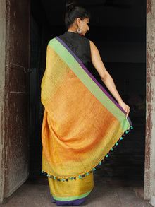 Mustard Green Purple Linen Handloom Saree With Ganga Jamuna Border & Tassels - S031704025