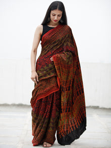 Red Black Green Ajrakh Hand Block Printed Modal Silk Saree in Natural Colors - S031703725