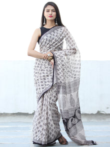 White Black Bagh Hand Block Printed Kota Doria Saree - S031703901