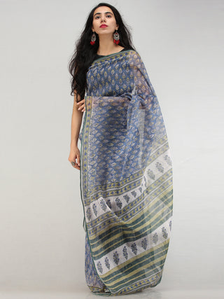 Indigo Olive Green Hand Block Printed Kota Doria Saree - S031704581