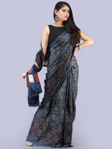 Indigo Maroon Black Ivory Ajrakh Hand Block Printed Modal Silk Saree - S031704264