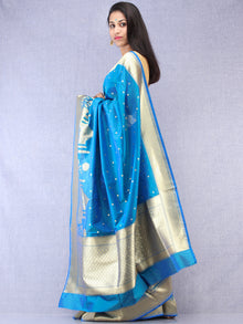 Banarasee Silk Saree With Taj Mahal Motiff & Zari Work - Turquoise Blue & Gold - S031704336