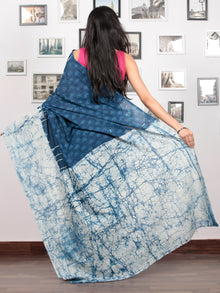 Indigo White Hand Block Printed Cotton Mul Saree   - S031703045