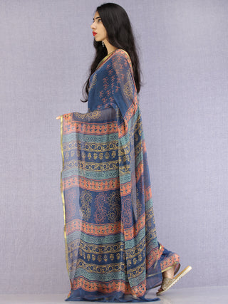 Navy Coral Yellow Hand Block Printed Chiffon Saree with Zari Border - S031704611