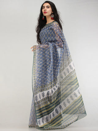 Indigo Olive Green Hand Block Printed Kota Doria Saree - S031704581