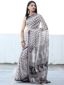 White Black Bagh Hand Block Printed Kota Doria Saree - S031703901