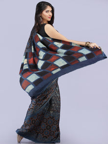 Indigo Maroon Black Ivory Ajrakh Hand Block Printed Modal Silk Saree - S031704264