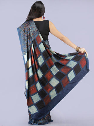 Indigo Maroon Black Ivory Ajrakh Hand Block Printed Modal Silk Saree - S031704264