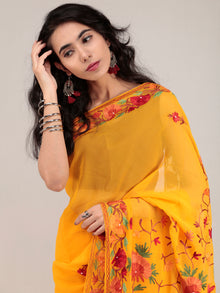 Golden Yellow Aari Embroidered Georgette Saree From Kashmir - S031704653