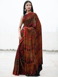 Red Black Green Ajrakh Hand Block Printed Modal Silk Saree in Natural Colors - S031703725