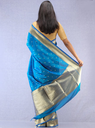 Banarasee Silk Saree With Taj Mahal Motiff & Zari Work - Turquoise Blue & Gold - S031704336