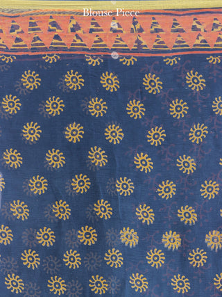 Navy Coral Yellow Hand Block Printed Chiffon Saree with Zari Border - S031704611