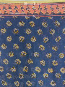 Navy Coral Yellow Hand Block Printed Chiffon Saree with Zari Border - S031704611