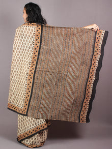 Beige Brown Black Cotton Hand Block Bagru Printed Saree - S03170265
