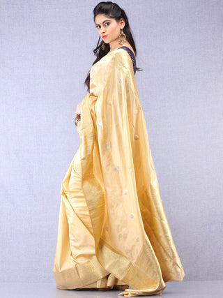 Banarasee Pure Katan Silk Saree With Zari Work - Beige Silver Gold - S031704338