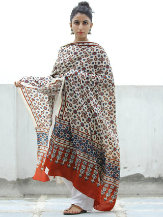 Ivory Red Indigo Ajrakh Hand Block Printed Modal Silk Dupatta - D04170328