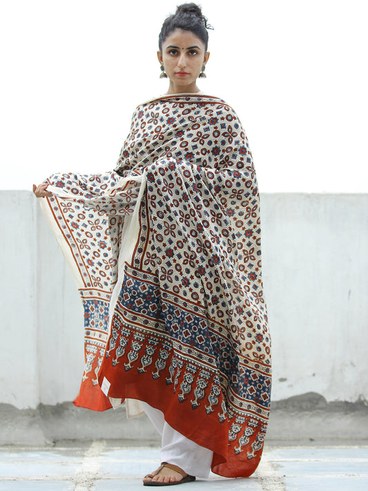 Ivory Red Indigo Ajrakh Hand Block Printed Modal Silk Dupatta - D04170328