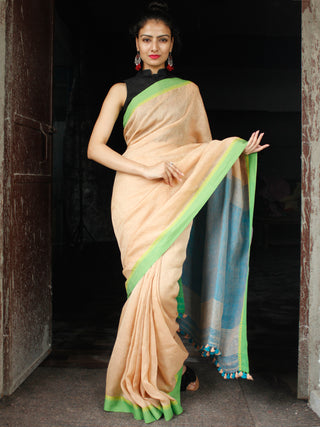 Peach Green Blue Linen Handloom Saree With  Tassels - S031704023